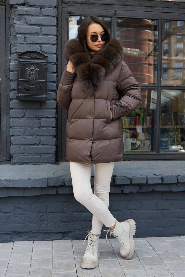 Удлиненный пуховик женский с мехом песца