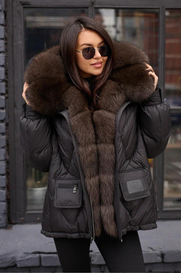 Длинный пуховик с мехом песца внутри