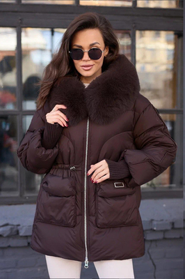 Дутое пальто пуховое с мехом песца