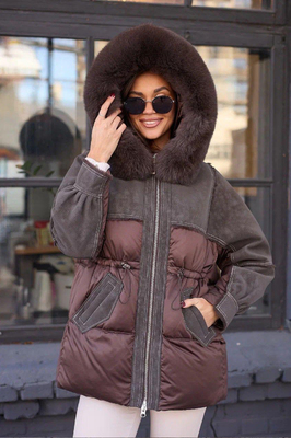 Дутое пальто пуховое с мехом песца